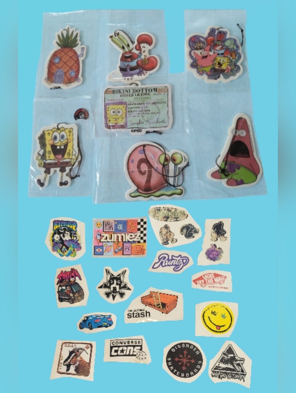 PSD BIG SNIFF SPONGEBOB PATRICK SQUIDWARD CAR FRESHENER COCONUT ZUMIEZ, STICKERS